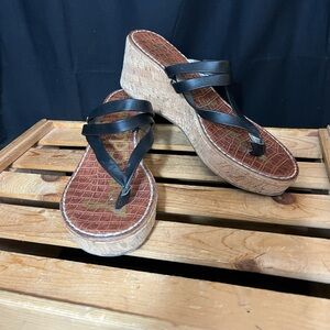 Sam Edelman Rasha Cork Platform Black Leather Women's Thong Sandals. Size 9.5